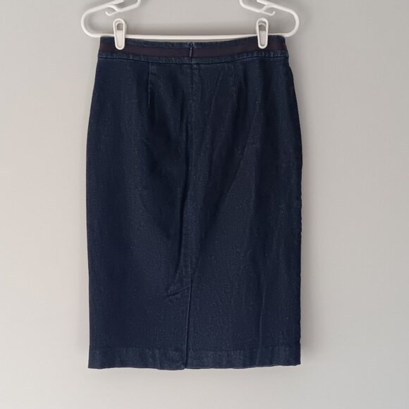 Boden Blue Denim Pencil Midi Skirt Purple Waistband Detail Lined Size 6L - Picture 3 of 10